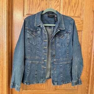 Axcess Denim Jacket Womens Size L Blue Stretch Button Front Peplum Pockets